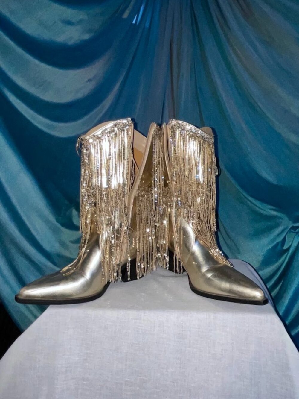 Metallic Gold Rhinestone Fringe Western Cowboy Boots